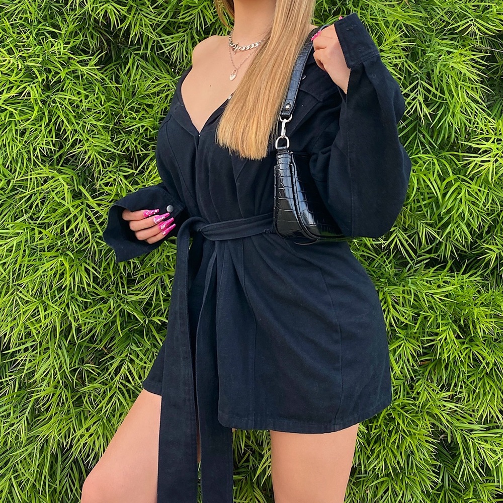 Black denim dress with tie in the front